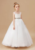 Ivory Tulle Sleeveless Satin Flower Girl Dress With Bowknot