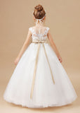 Ivory Tulle Sleeveless Satin Flower Girl Dress With Bowknot