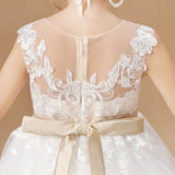 Ivory Tulle Sleeveless Satin Flower Girl Dress With Bowknot