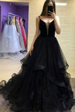 Spaghetti Straps Evening Dress A Line Black Tulle Long Prom Dress