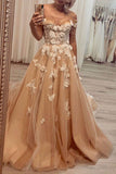 A Line Off the Shoulder Tulle 3D Flowers Stylish Evening Dress Long Prom Dress