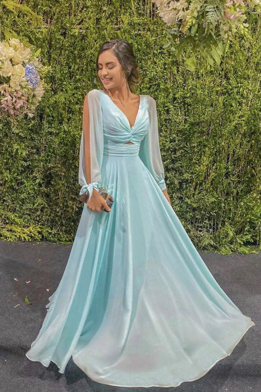 A-Line Simple Evening Dresses Mint Green Unique Long Sleeves Prom Dresses