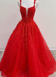 A Line Formal Evening Dress Red Tulle Lace Appliques Long Prom Dress