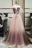 A Line Formal Evening Dress Tulle Unique Applique Long Prom Dress