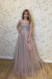 Spaghetti Straps Evening Dress A Line Stylish Tulle Beads Long Prom Dress With Slit
