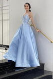Formal Evening Dress A Line Spaghetti Straps Satin Blue Long Prom Dress