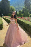Formal Evening Dresses Pink Strapless A-Line Lace Top Tulle Long Prom Dresses