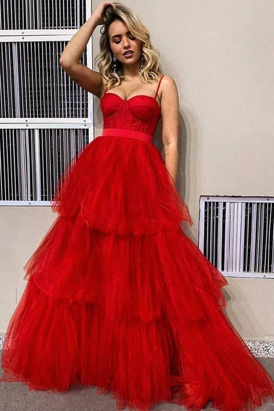 Rufles Formal Evening Dress Red Tulle Spaghetti Straps A Line Long Prom Dress