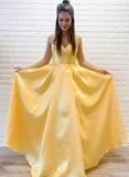 Yellow Satin Spaghetti Straps A Line Simple Formal Evening Dress  Long Prom Dress