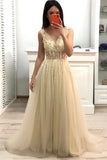 A Line V Neck Tulle Formal Evening Dresses Beads Long Prom Dress