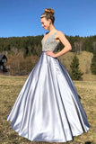 V Back Evening Dresses A Line Satin V Neck Beading Long Prom Dress