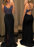 Evening Dress Beaded Spaghetti Straps Mermaid Long Prom Dress With Slit