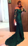 Mermaid Dark Green Long Sleeve Lace Prom Dresses Evening Gown - Laurafashionshop