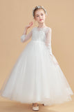 Long Sleeves Elegant Ivory Tulle Flower Girl Dresses With Lace