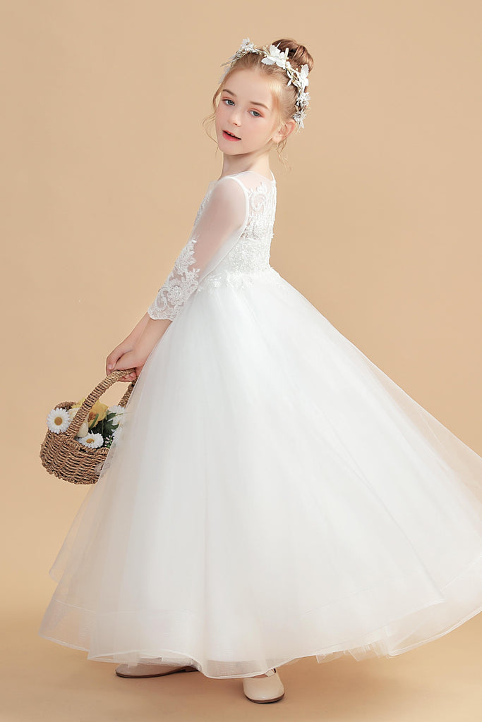Long Sleeves Elegant Ivory Tulle Flower Girl Dresses With Lace