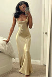 Floor-length Long Evening  Dress Gold Mermaid Square Sheath Prom Dress