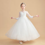 Long Sleeves Elegant Ivory Tulle Flower Girl Dresses With Lace