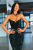 Dark Green Spaghetti Straps Sequins Evening Gowns Mermaid Prom Dresses