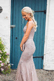 School Party Gown Formal Evening Dress Dusty Rose Lace Mermaid Long Prom Dresses