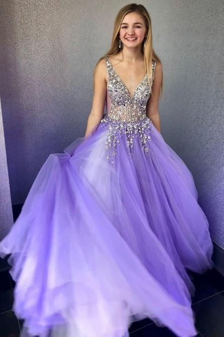 Graduation Dress A Line Tulle V Neck Long Formal Dress  Prom Dresses with Beading