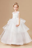 Multi-layered Ruffled Satin Tulle Ivory Flower Girl Dress With Bow