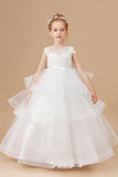 Multi-layered Ruffled Satin Tulle Ivory Flower Girl Dress With Bow