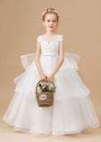 Multi-layered Ruffled Satin Tulle Ivory Flower Girl Dress With Bow