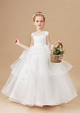 Multi-layered Ruffled Satin Tulle Ivory Flower Girl Dress With Bow