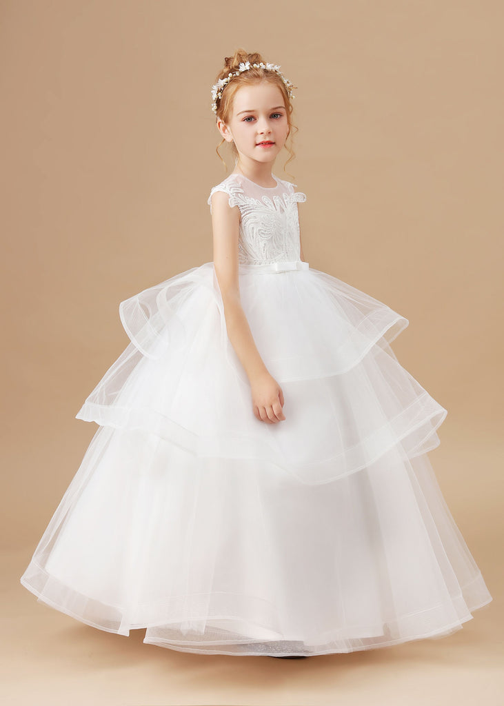 Multi-layered Ruffled Satin Tulle Ivory Flower Girl Dress With Bow