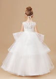 Multi-layered Ruffled Satin Tulle Ivory Flower Girl Dress With Bow