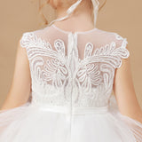 Multi-layered Ruffled Satin Tulle Ivory Flower Girl Dress With Bow