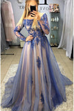 A-Line Tulle Purple Formal Evening Dresses Long Sleeves Appliques Long Prom Dresses