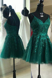 A-line V-neck Peacock Lace Homecoming Dress Appliques Short Prom Dresses