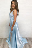 Sexy Mermaid Evening Dress V Neck Lace Glamorous Blue Sleeveless Prom Dress