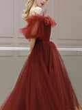 A Line Formal Evening Dress Burgundy Off Shoulder Tulle Long Prom Dress