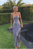 V-neck Sleeveless Gray Silk Spaghetti Straps Party Dresses Long Prom Dress