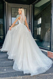 Wedding Dresses V Neck Lace Tulle Elegant A Line Long Prom Dress With Appliques