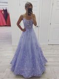 Lavender A line Tulle Lace Appliques  Evening Party Dress Long Prom Dress