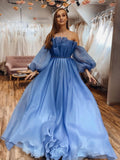 A Line Long Sleeves Strapless Formal Evening Dress Blue Organza Prom Dress