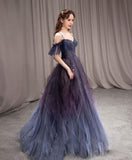 Dark Purple Ombre A-line Tulle Evening Party Dresses  Long Prom Dress