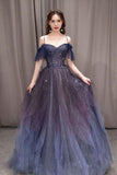 Dark Purple Ombre A-line Tulle Evening Party Dresses  Long Prom Dress