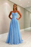 Strapless Sweetheart Formal Evening Dresses Sky Blue A-Line Lace Long Prom Dresses