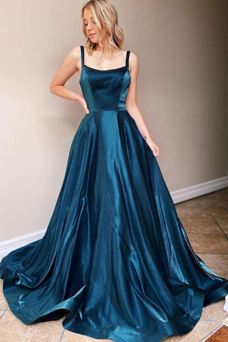 A-Line Formal Evening Dresses Ink Blue Spaghetti Straps Long Prom Dresses