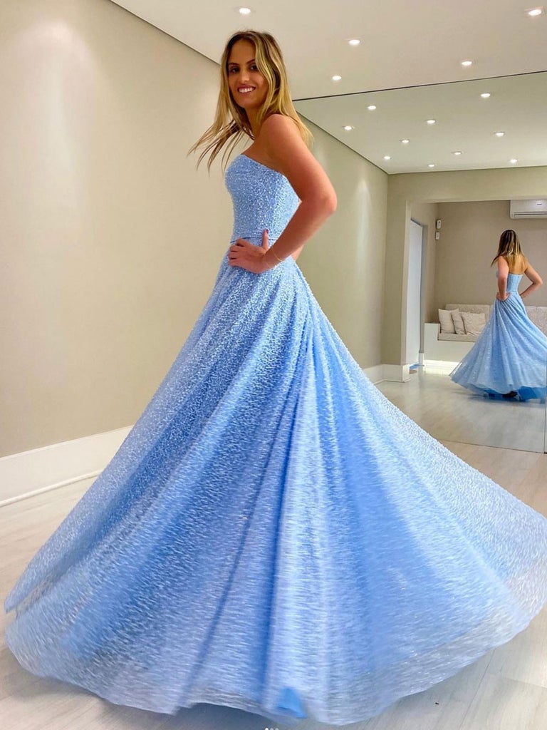 Strapless Sweetheart Formal Evening Dresses Sky Blue A-Line Lace Long Prom Dresses