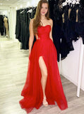 Shiny A-line Strapless Red Tulle Long Prom Dress