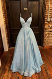A-Line V-Neck Formal Evening Dress Simple Blue Sequin Long Prom Dress
