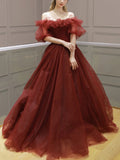 A Line Formal Evening Dress Burgundy Off Shoulder Tulle Long Prom Dress