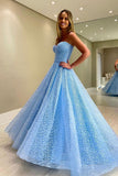 Strapless Sweetheart Formal Evening Dresses Sky Blue A-Line Lace Long Prom Dresses