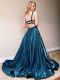 A-Line Formal Evening Dresses Ink Blue Spaghetti Straps Long Prom Dresses