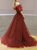 A Line Formal Evening Dress Burgundy Off Shoulder Tulle Long Prom Dress